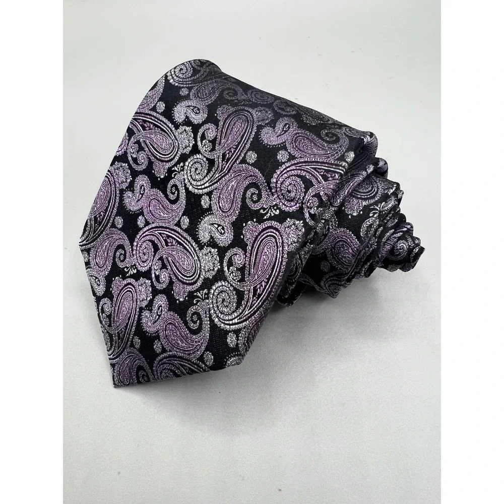 PRONTO UOMO 100% Silk Necktie Paisley Purple‎ Black L:63.25